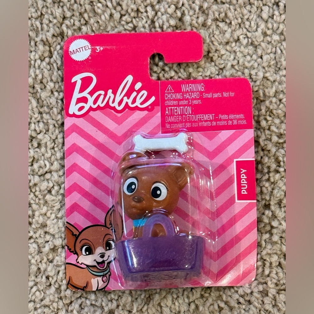 Mattel Barbie Puppy micro figure with a purple tote bag and bone accessory